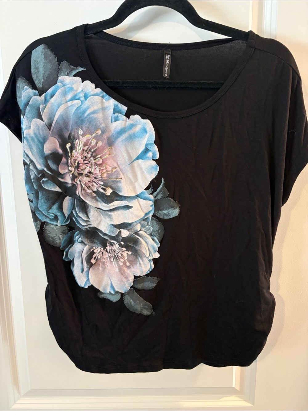 Black Floral Scoop Neck Short Sleeve Top with Blue Accents